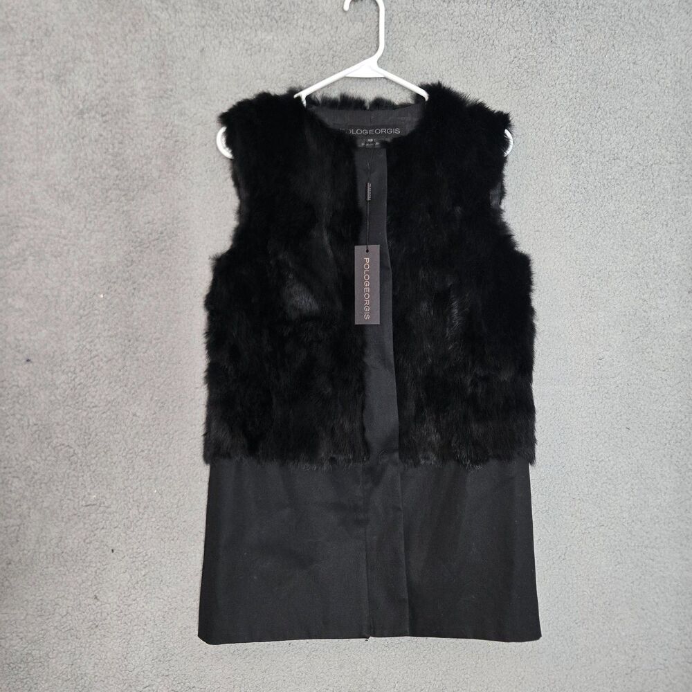 Pologeorgis Rabbit Hair Long Vest Womens XS Black Twill Hem Sleeveless Real Fur